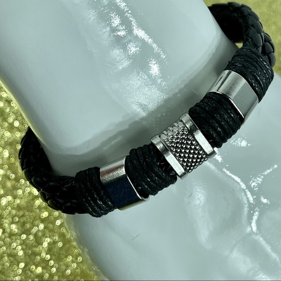 Black Braid Leather Titanium Bracelet Unisex - Picture 2 of 12